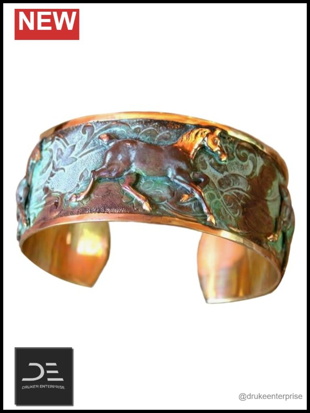 Verdigris Patina Solid Brass Contemporary Running Horse Cuff Bracelet